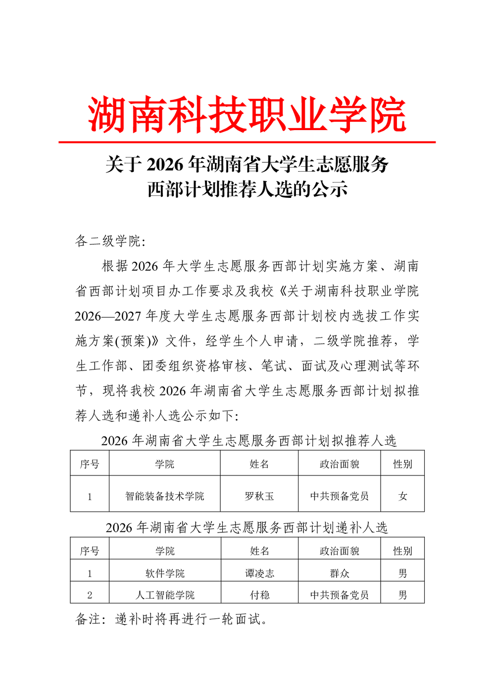 关于 2026 年湖南省大学生志愿服务 西部计划推荐人选的公示